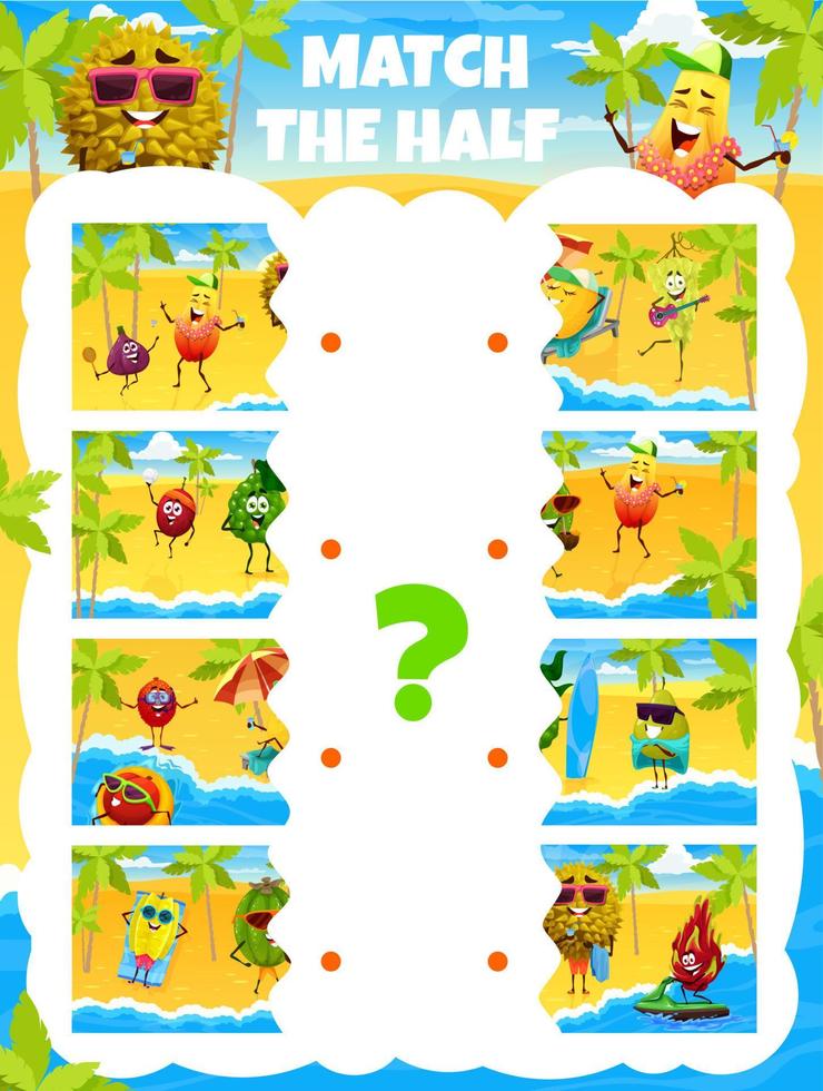 Match half of cartoon fruits on summer beach party vector