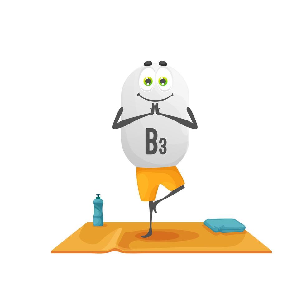Cartoon vitamin B3 character on yoga fitness class vector