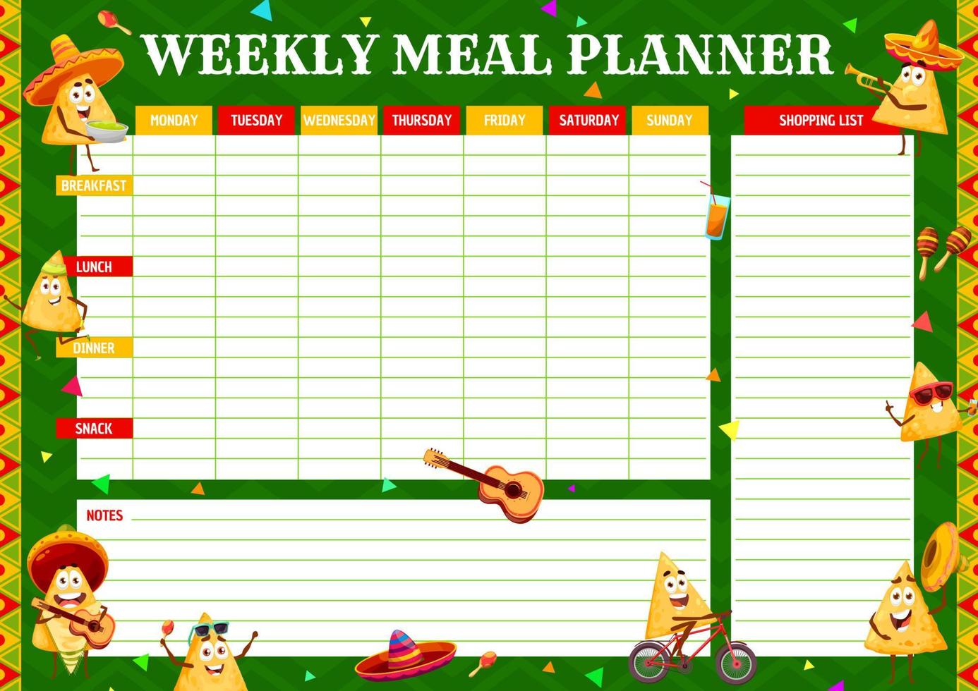 Weekly meal planner with mexican nachos characters vector