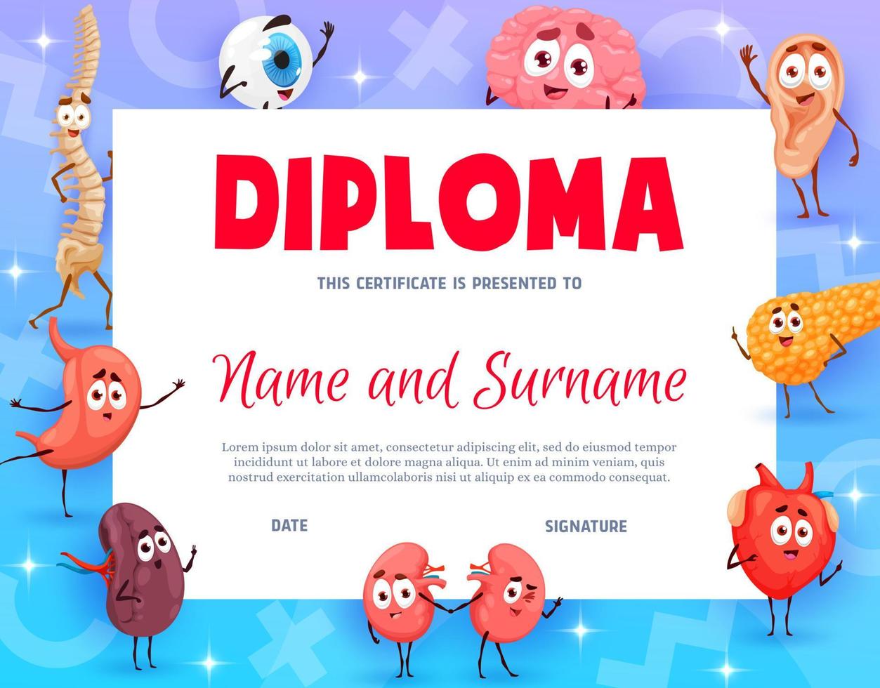 Kids diploma certificate of doctor, cartoon organs vector