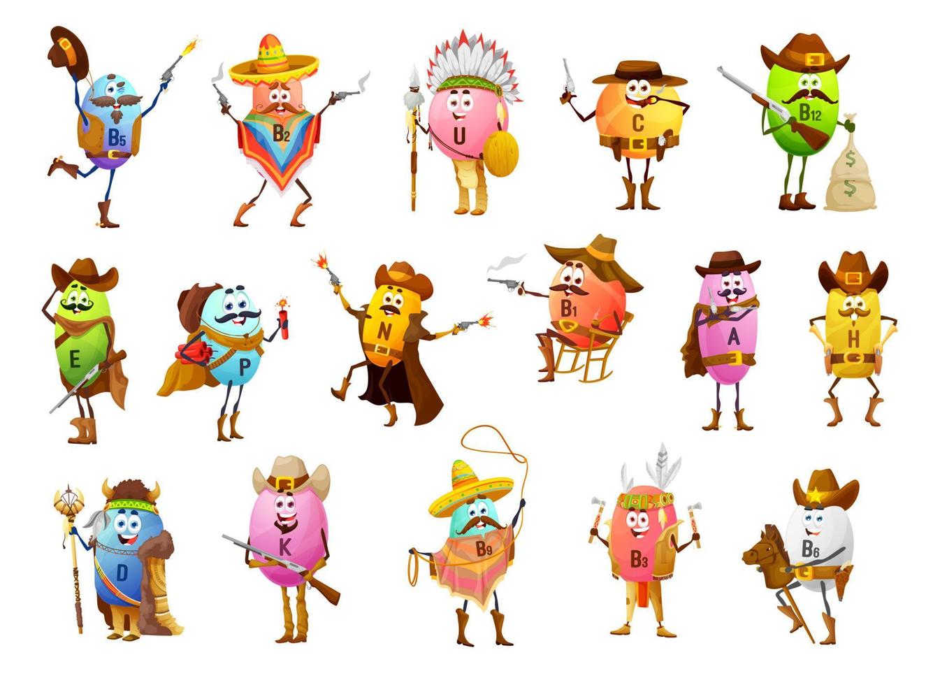 vaqueros de vitamina de dibujos animados, bandidos, guardabosques, indios vector