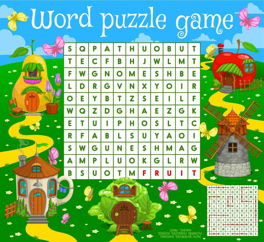 Word search puzzle game, fairytale magic houses vector