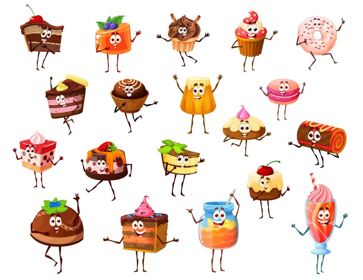 Cartoon cake, cupcake, jelly dessert characters vector