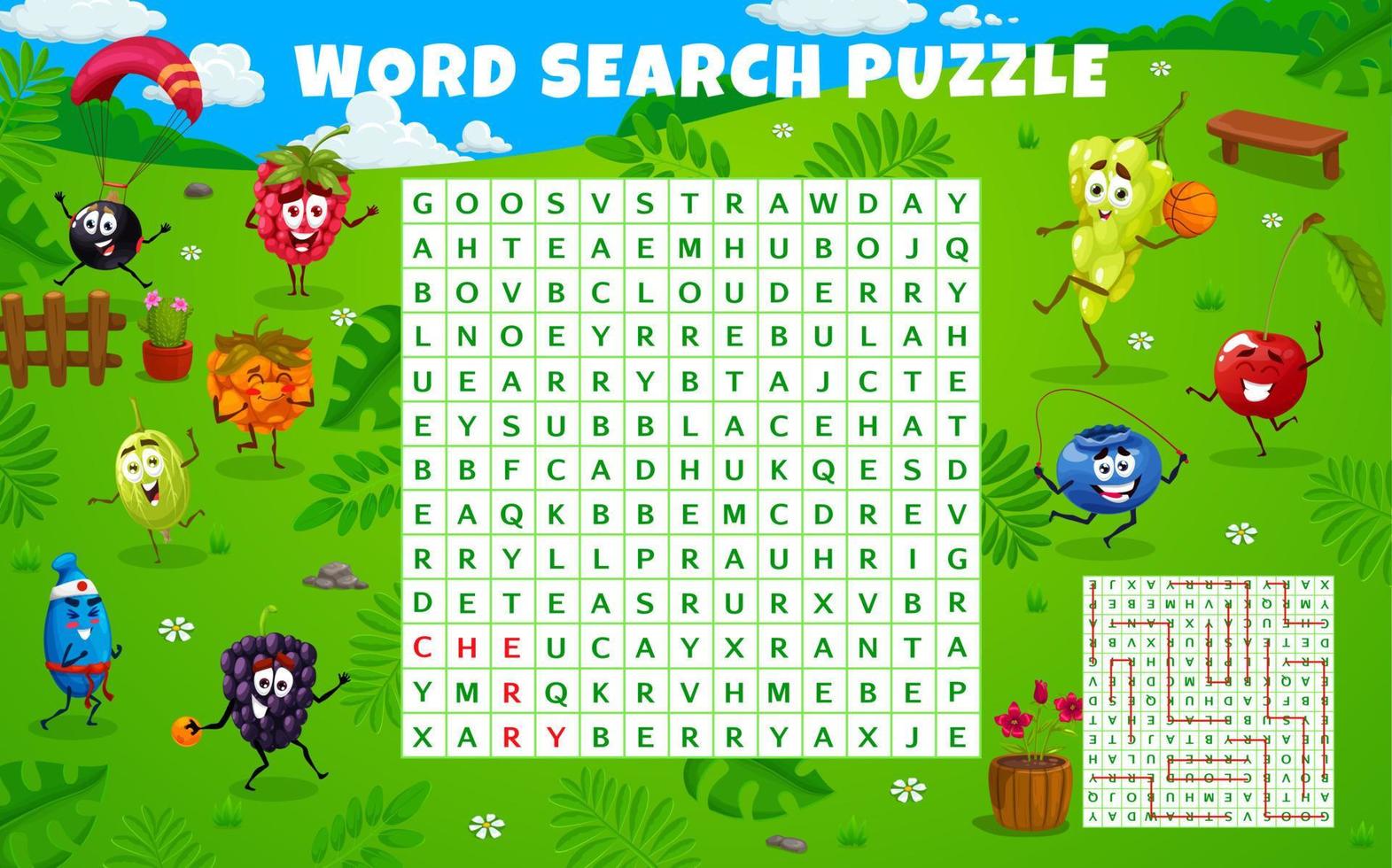 Cartoon berry characters on summer party, puzzle vector