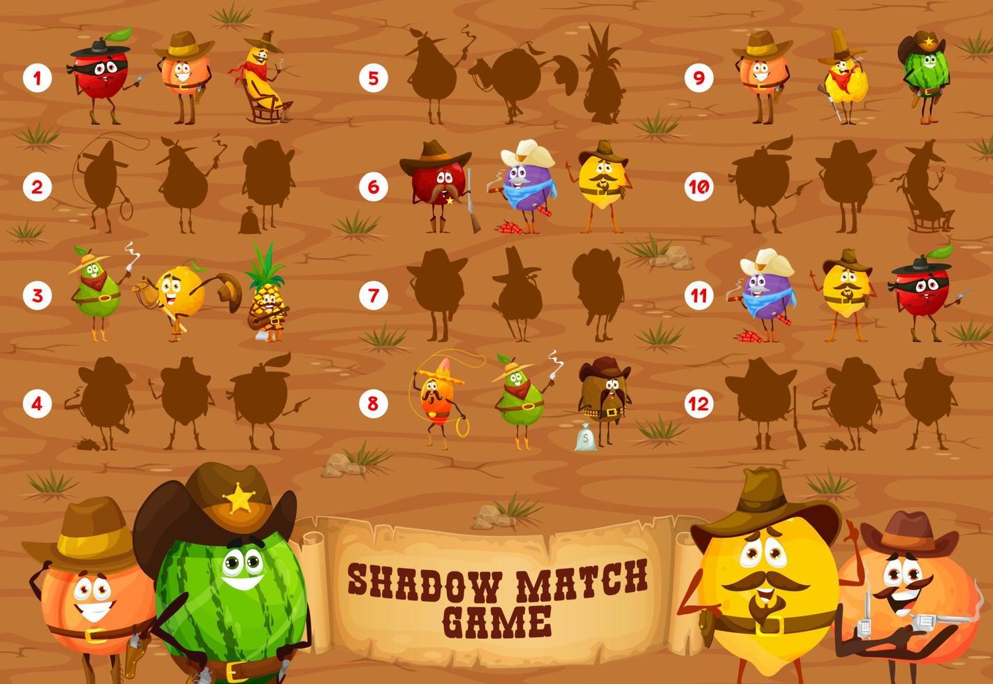 juego de combinación de sombras, guardabosques vaqueros de frutas de dibujos animados vector