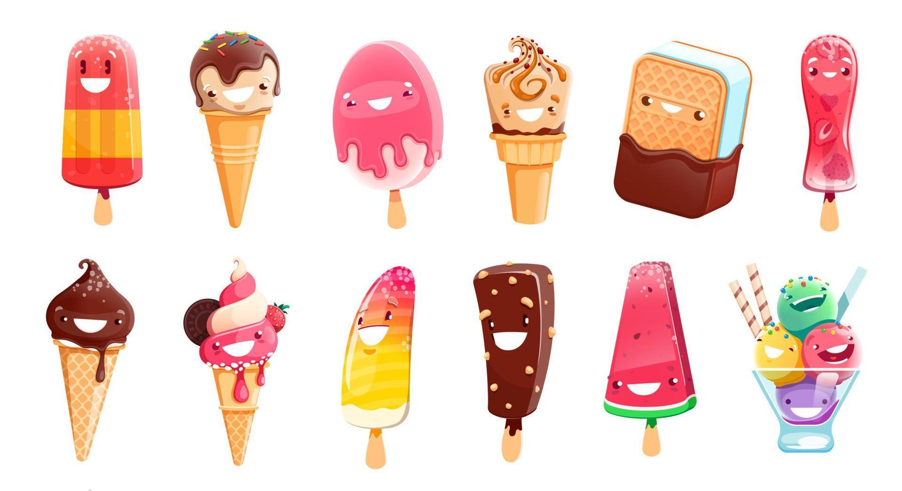 conjunto aislado de personajes de postre de helado de dibujos animados vector