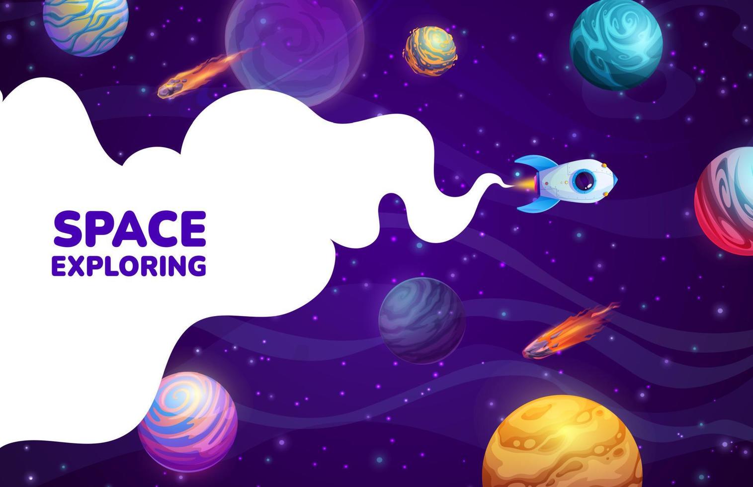 Landing page with cartoon space rocket, planets vector