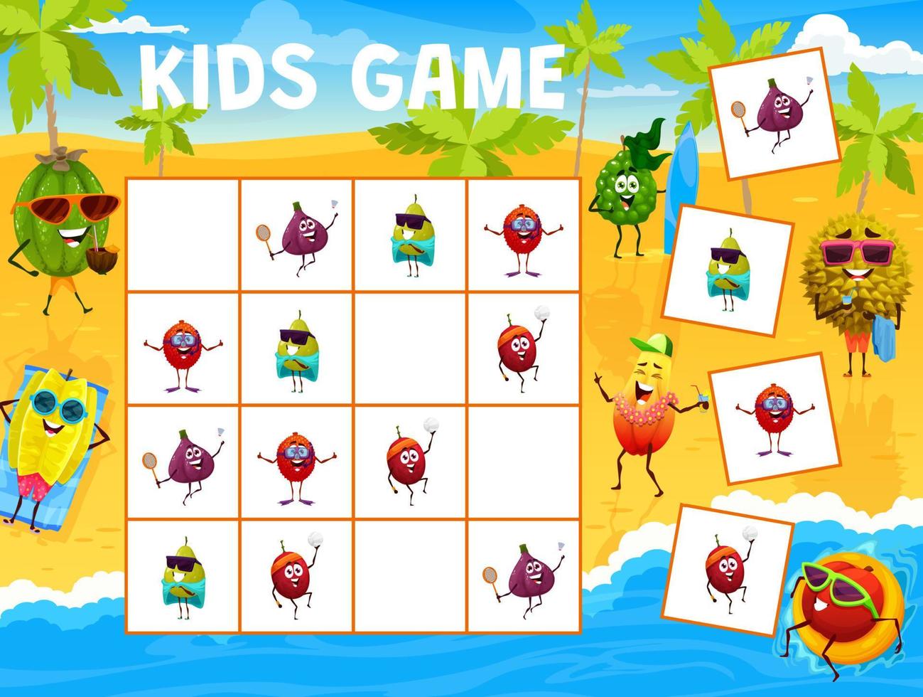 Sudoku kids game, cartoon fruits on summer beach vector