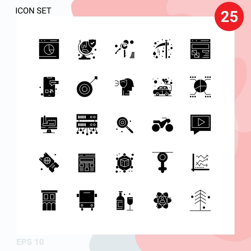 25 Universal Solid Glyph Signs Symbols of browser holiday shield halloween axe Editable Vector Design Elements