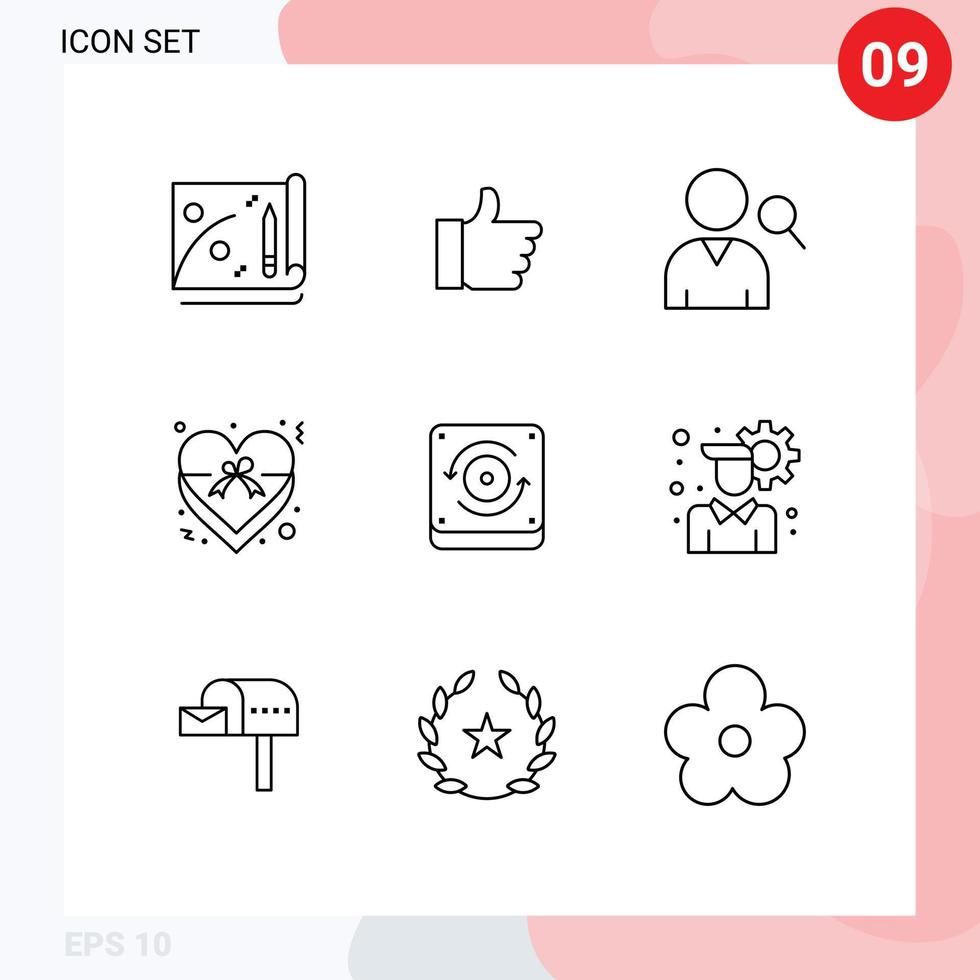 9 User Interface Outline Pack of modern Signs and Symbols of account speaker search computing love Editable Vector Design Elements