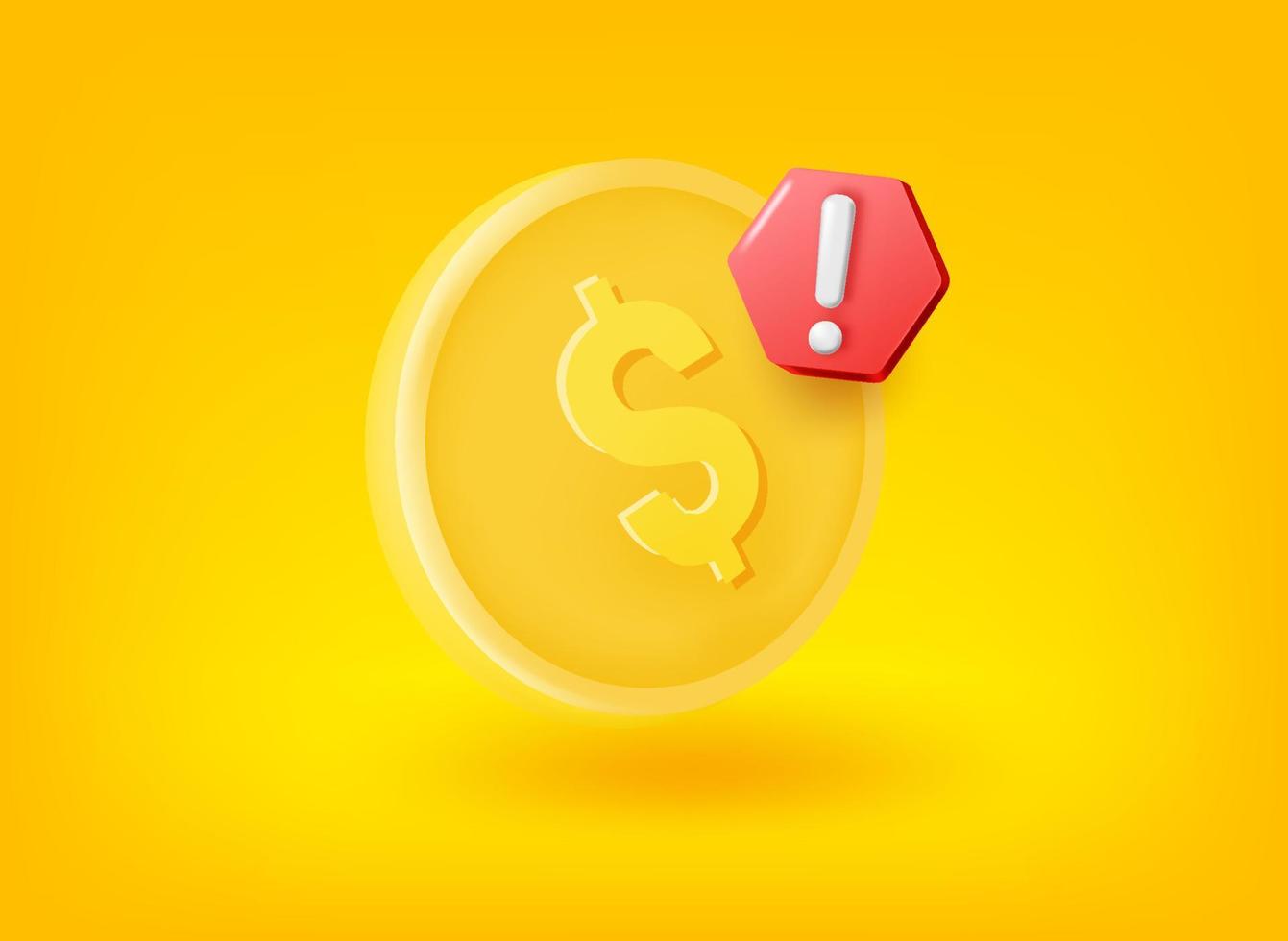 Golden dollar coin with exclamation point. Vector 3d illustration