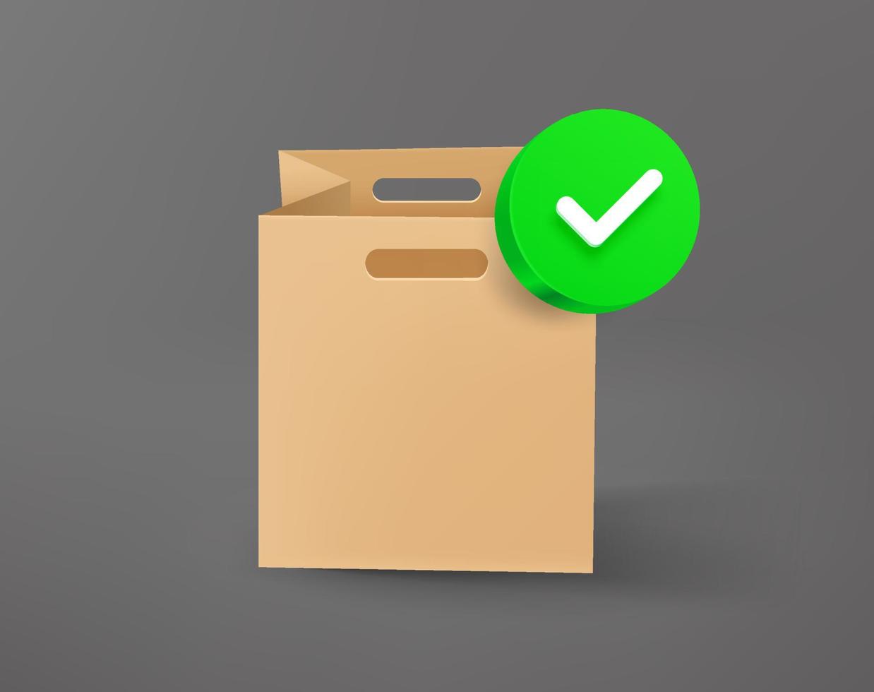 Brown Shopping bag with green checkmark. 3d vector icon