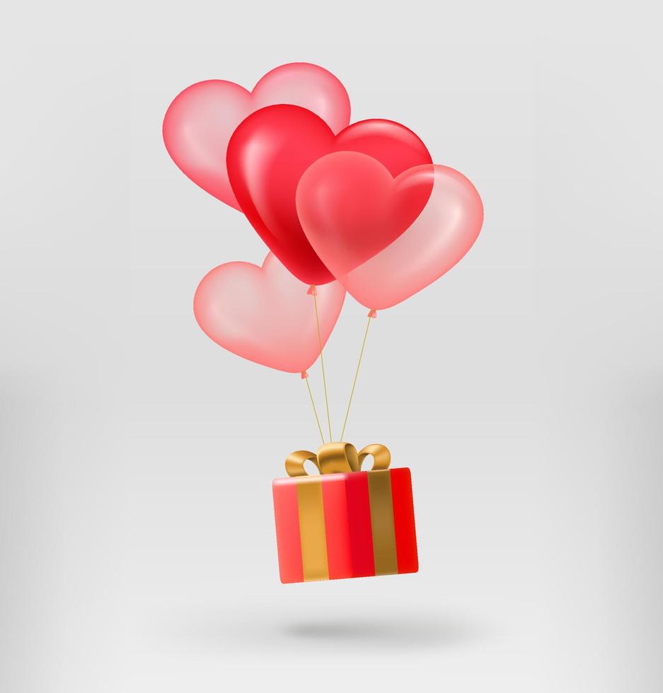 Gift box with red and pink heart air ballons. 3d vector illustration