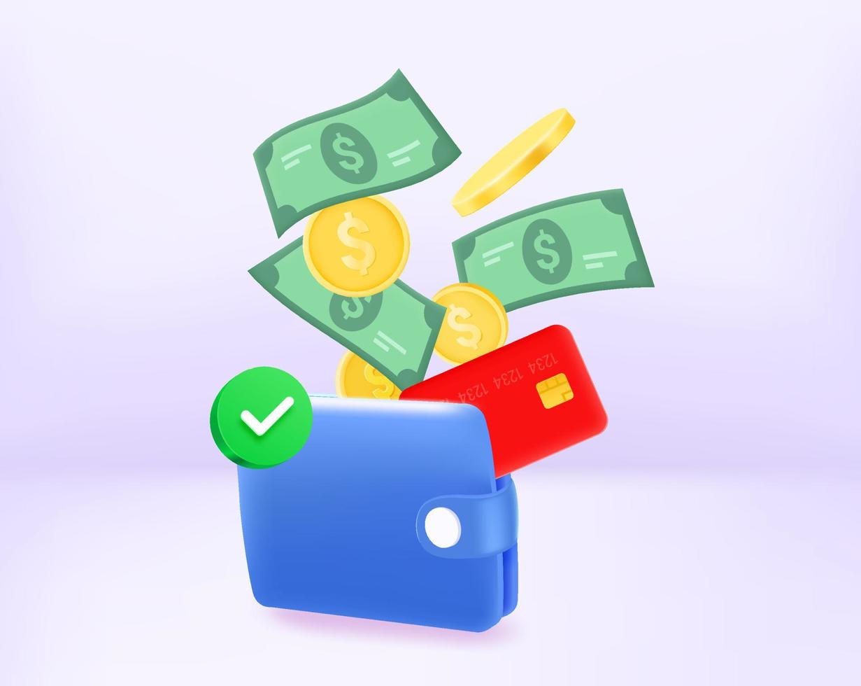 Wallet with credit card, coins and banknotes. 3d vector concept