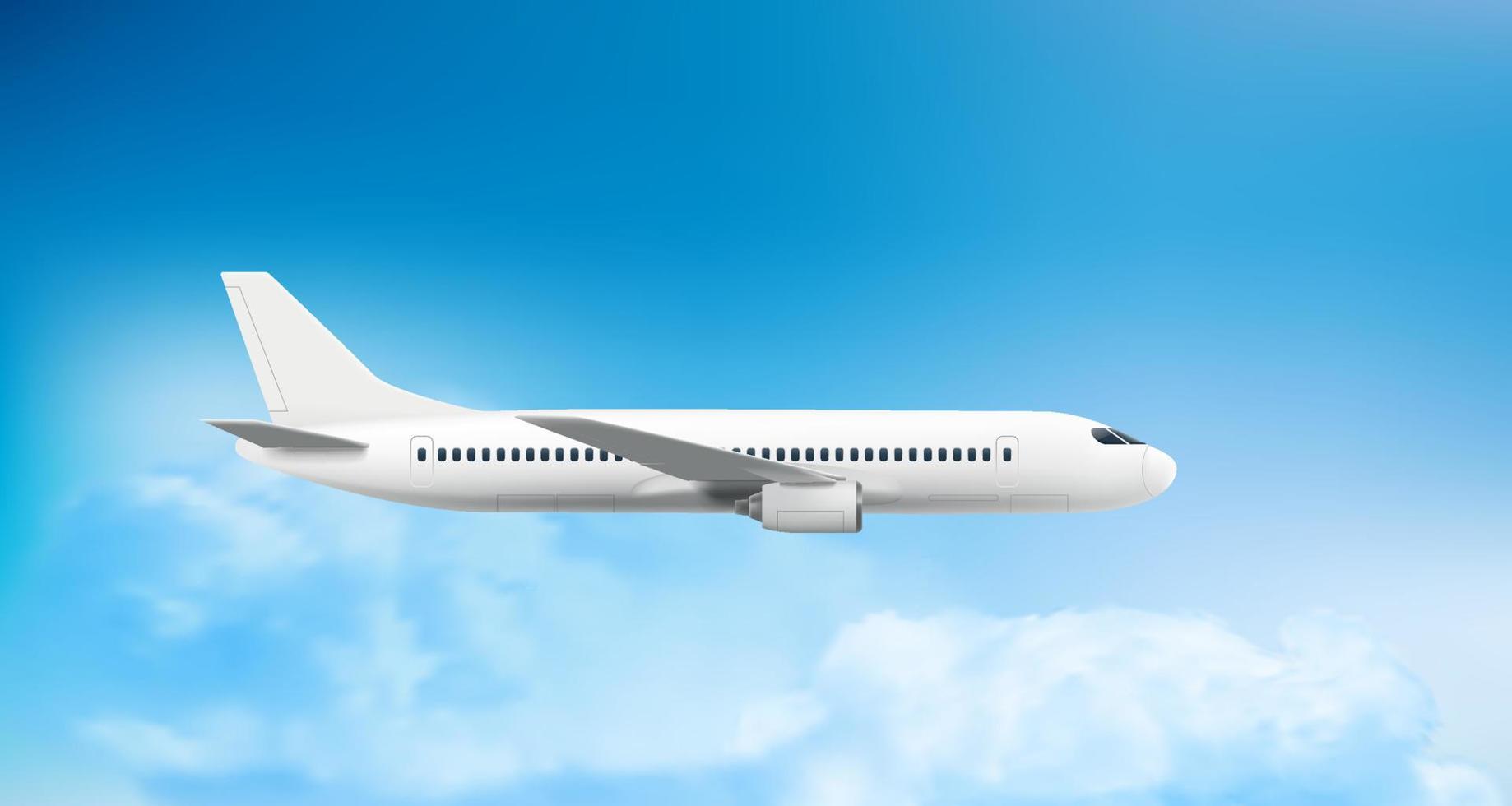 volando un avión moderno volando en un cielo nublado. concepto de viaje aéreo. ilustración vectorial 3d vector