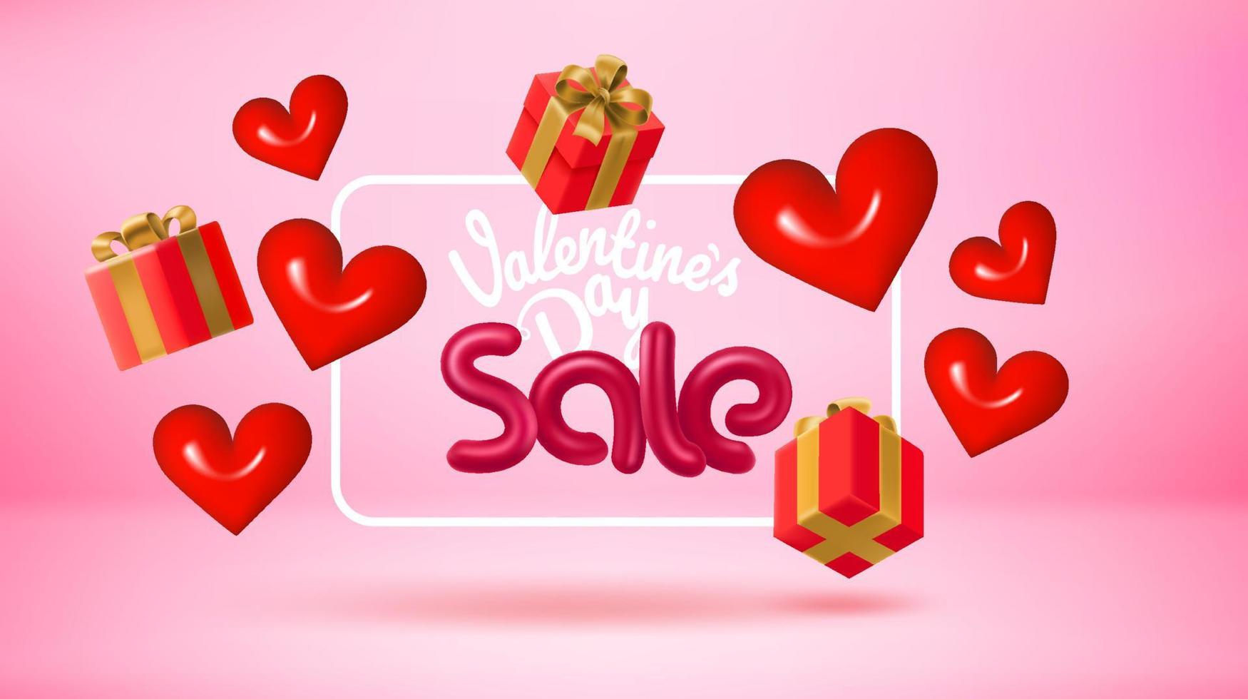 Valentines Day special offer concept. Poster template with frame, hearts, boxes and calligraphic inscription. Vector 3d banner