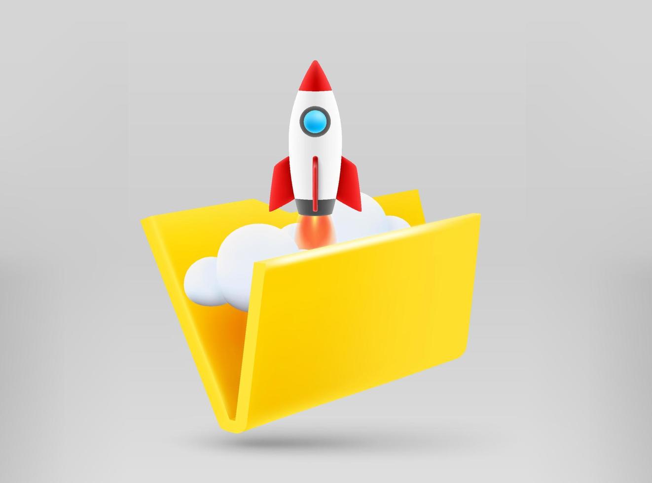 Yellow folder with rocket launch. Business start up concept. 3d vector illustration