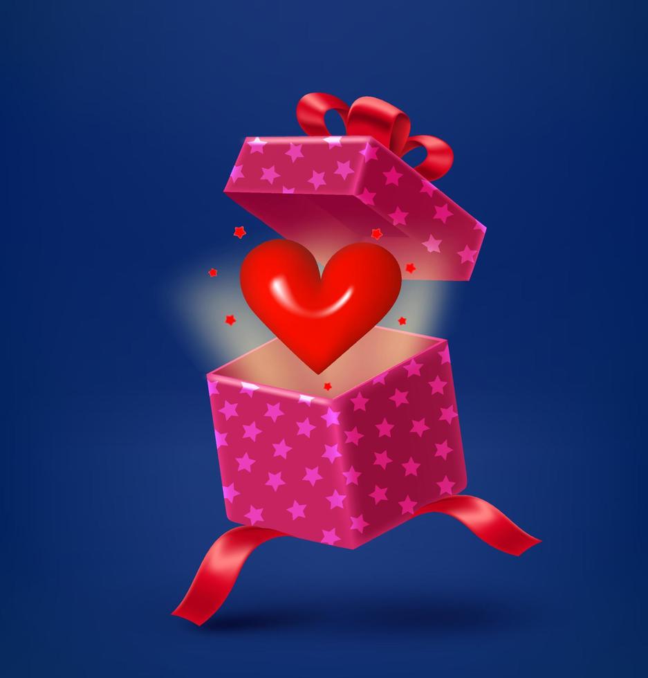 Open gift box with red heart. 3d vector illustration