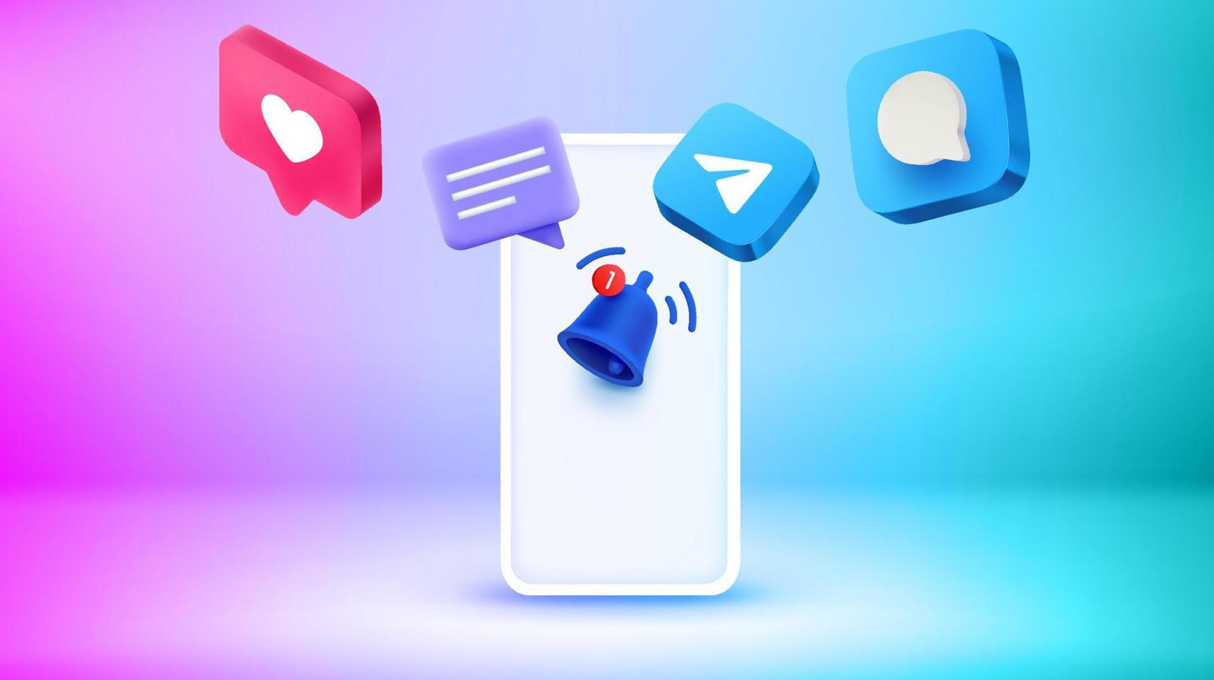 Modern smartphone with social media icons ans messages. New messages concept. Vector 3d banner
