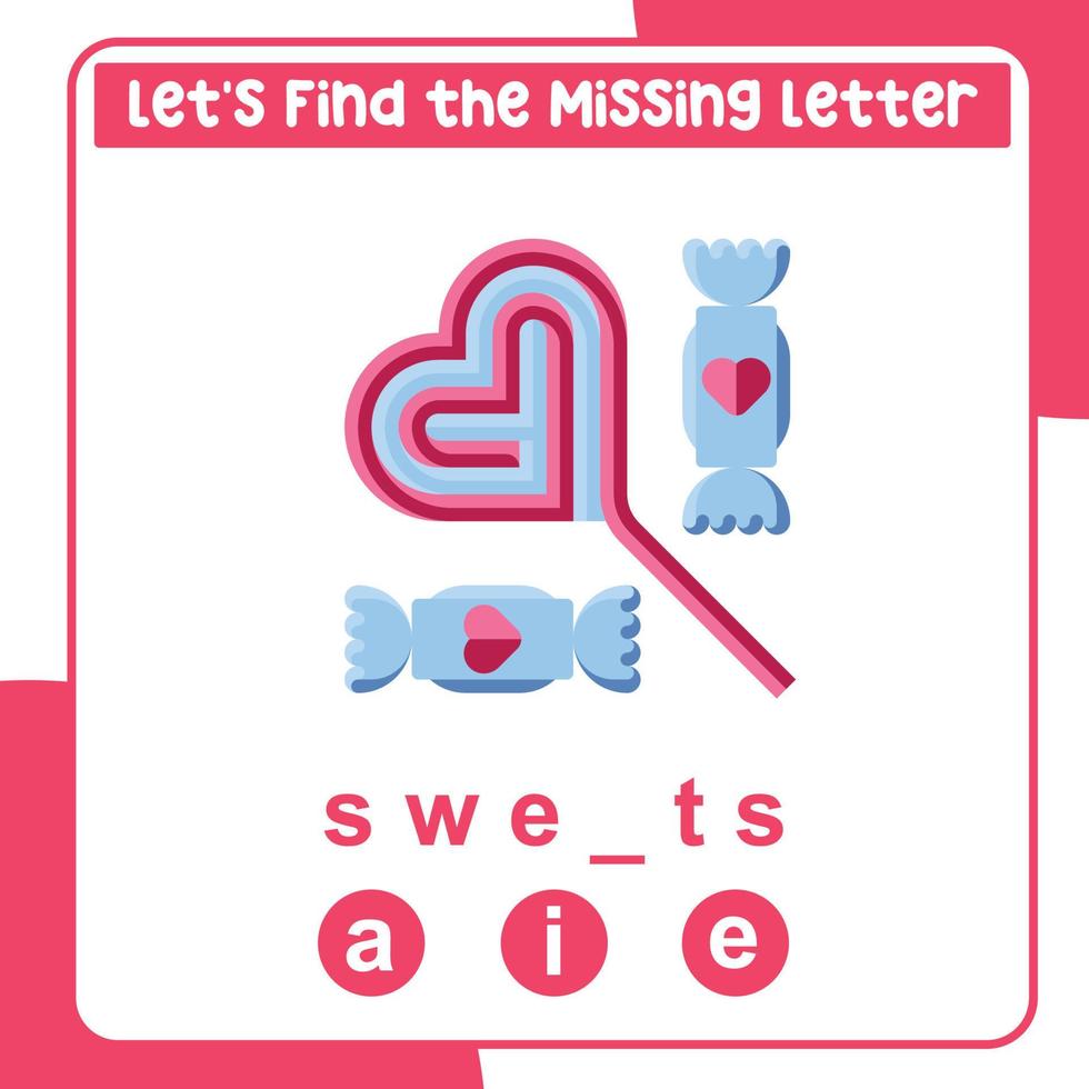 Missing letter worksheet. Complete the letters for valentine things in English. Writing practice. Valentine theme. Vector file.