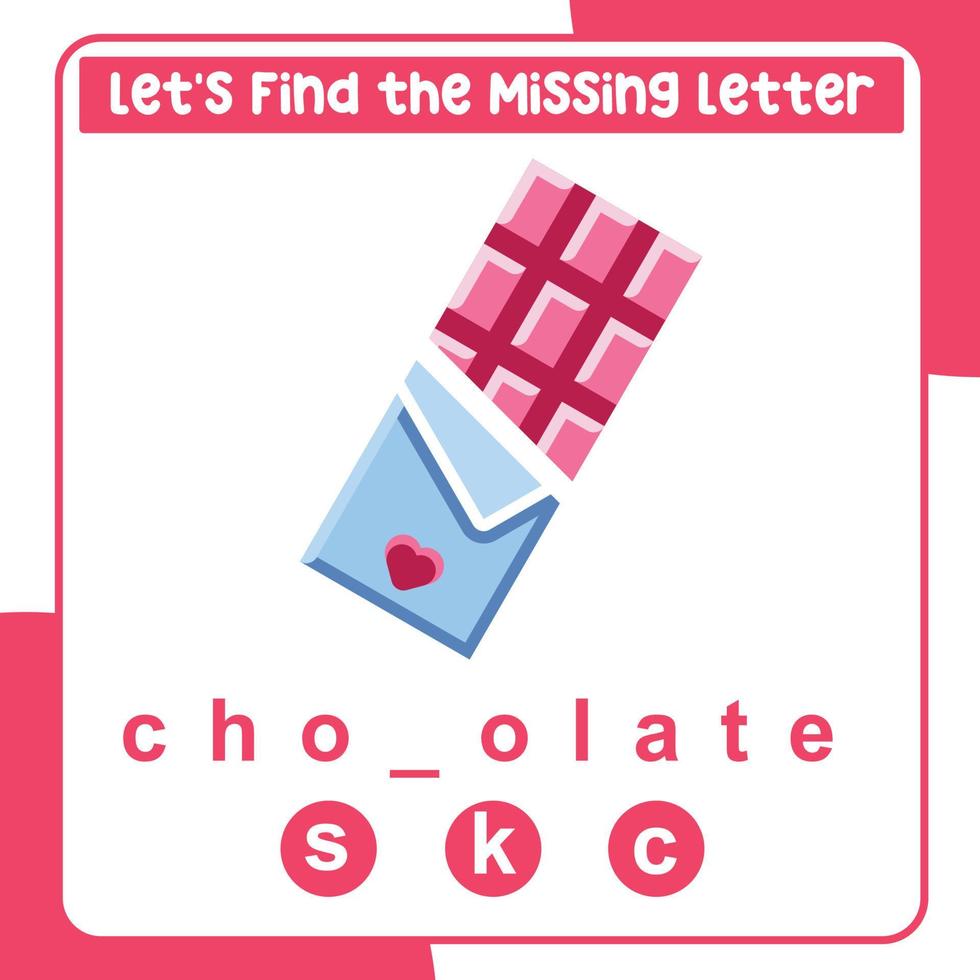 Missing letter worksheet. Complete the letters for valentine things in English. Writing practice. Valentine theme. Vector file.