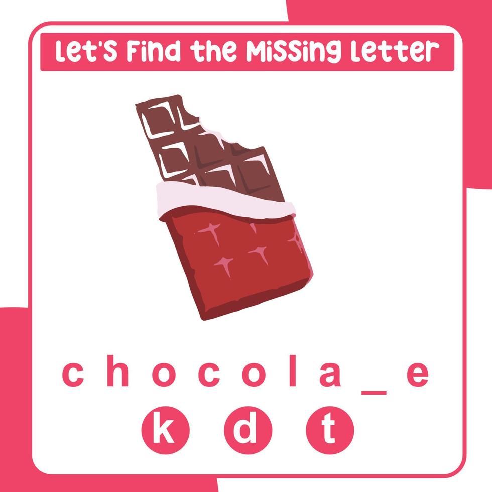 Missing letter worksheet. Complete the letters for valentine things in English. Writing practice. Valentine theme. Vector file.