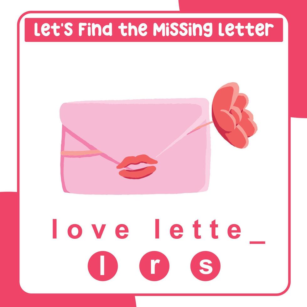 Missing letter worksheet. Complete the letters for valentine things in English. Writing practice. Valentine theme. Vector file.