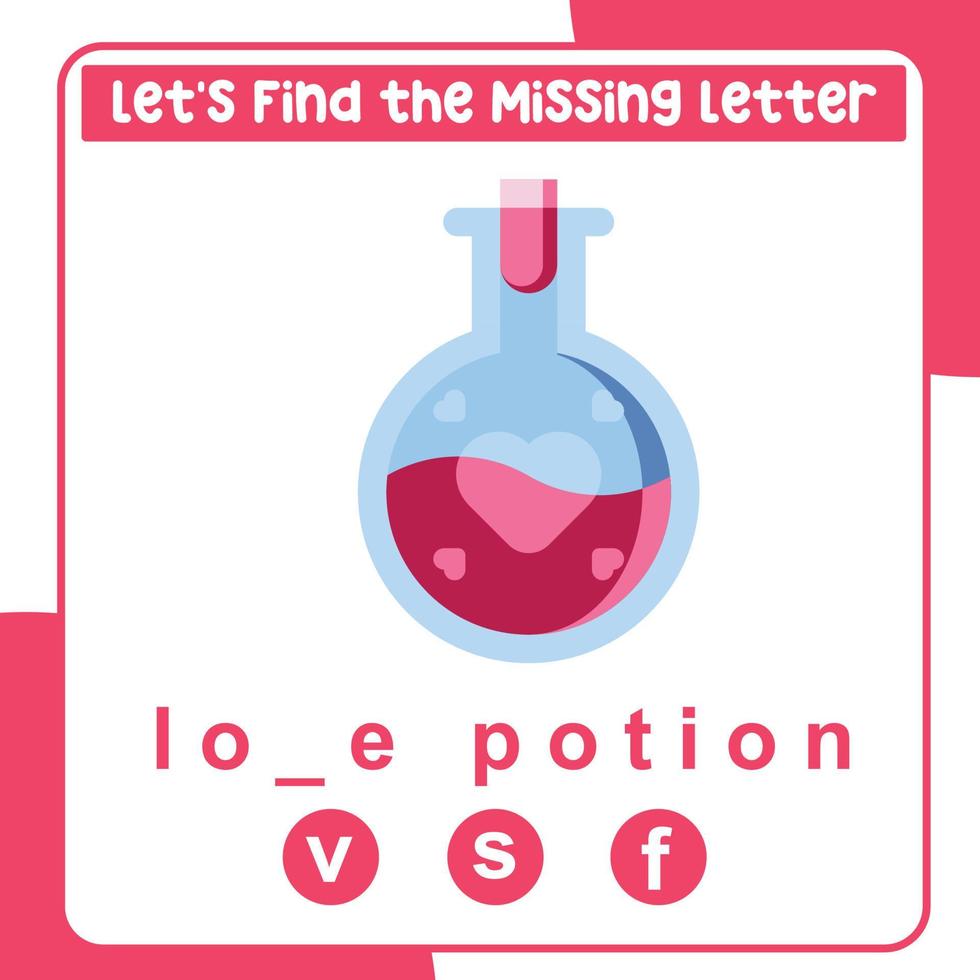 Missing letter worksheet. Complete the letters for valentine things in English. Writing practice. Valentine theme. Vector file.