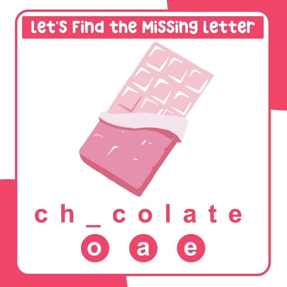 Missing letter worksheet. Complete the letters for valentine things in English. Writing practice. Valentine theme. Vector file.