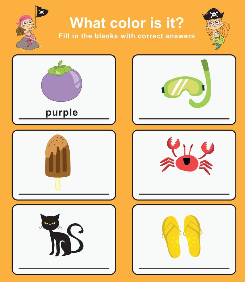 What color is this worksheet with pirate theme. Educational worksheet for preschool. Vector illustration.