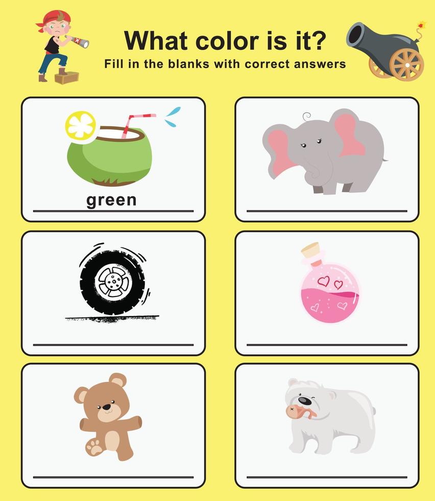 What color is this worksheet with pirate theme. Educational worksheet for preschool. Vector illustration.