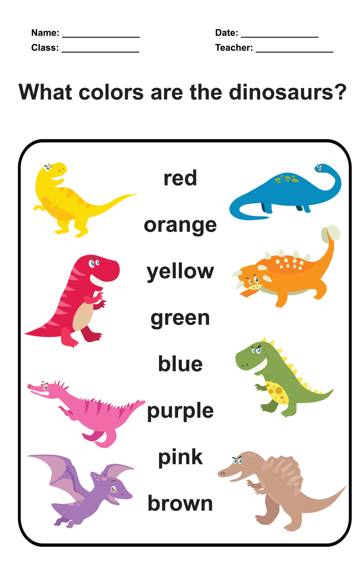 Match colors and pictures with dinosaur theme. Educational worksheet