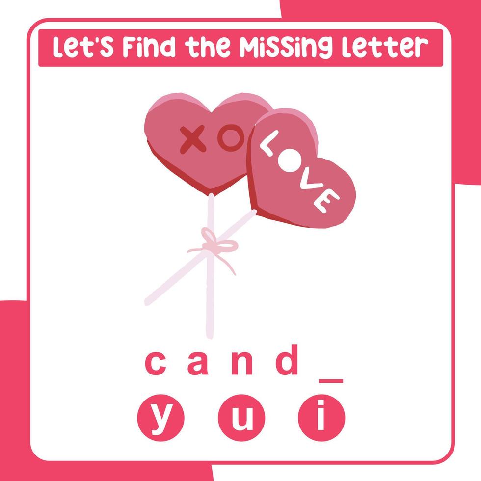 Missing letter worksheet. Complete the letters for valentine things in English. Writing practice. Valentine theme. Vector file.