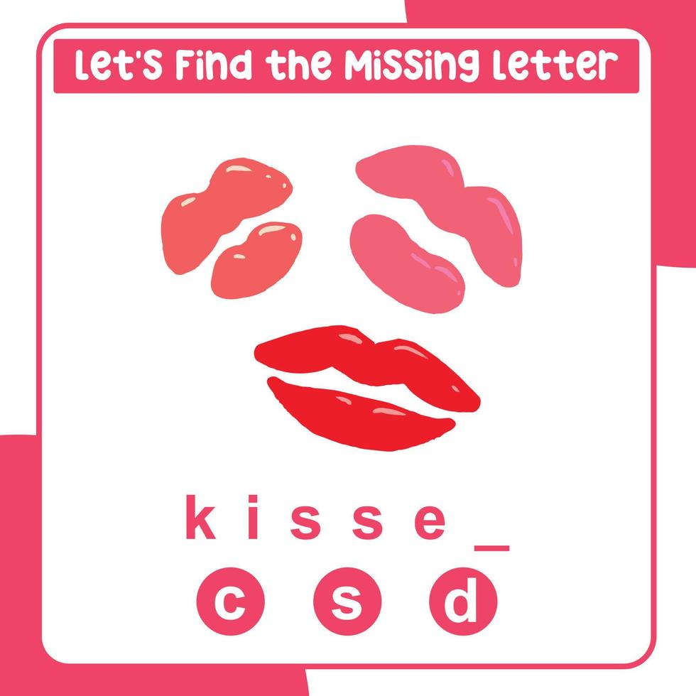 Missing letter worksheet. Complete the letters for valentine things in English. Writing practice. Valentine theme. Vector file.