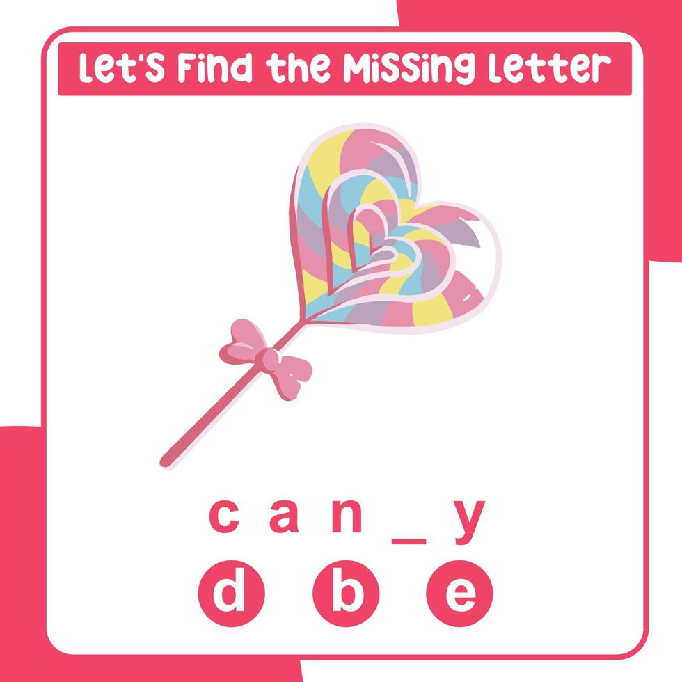 Missing letter worksheet. Complete the letters for valentine things in English. Writing practice. Valentine theme. Vector file.