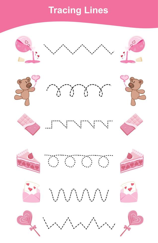 Tracing Lines Game Valentine Edition. Educational worksheet. Worksheet activity for preschool kids. Preschool Education. Vector illustration.