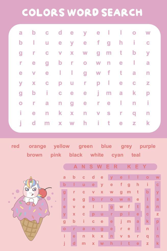 Colors Word Search worksheet. Educational worksheet for preschool. Vector illustration file.