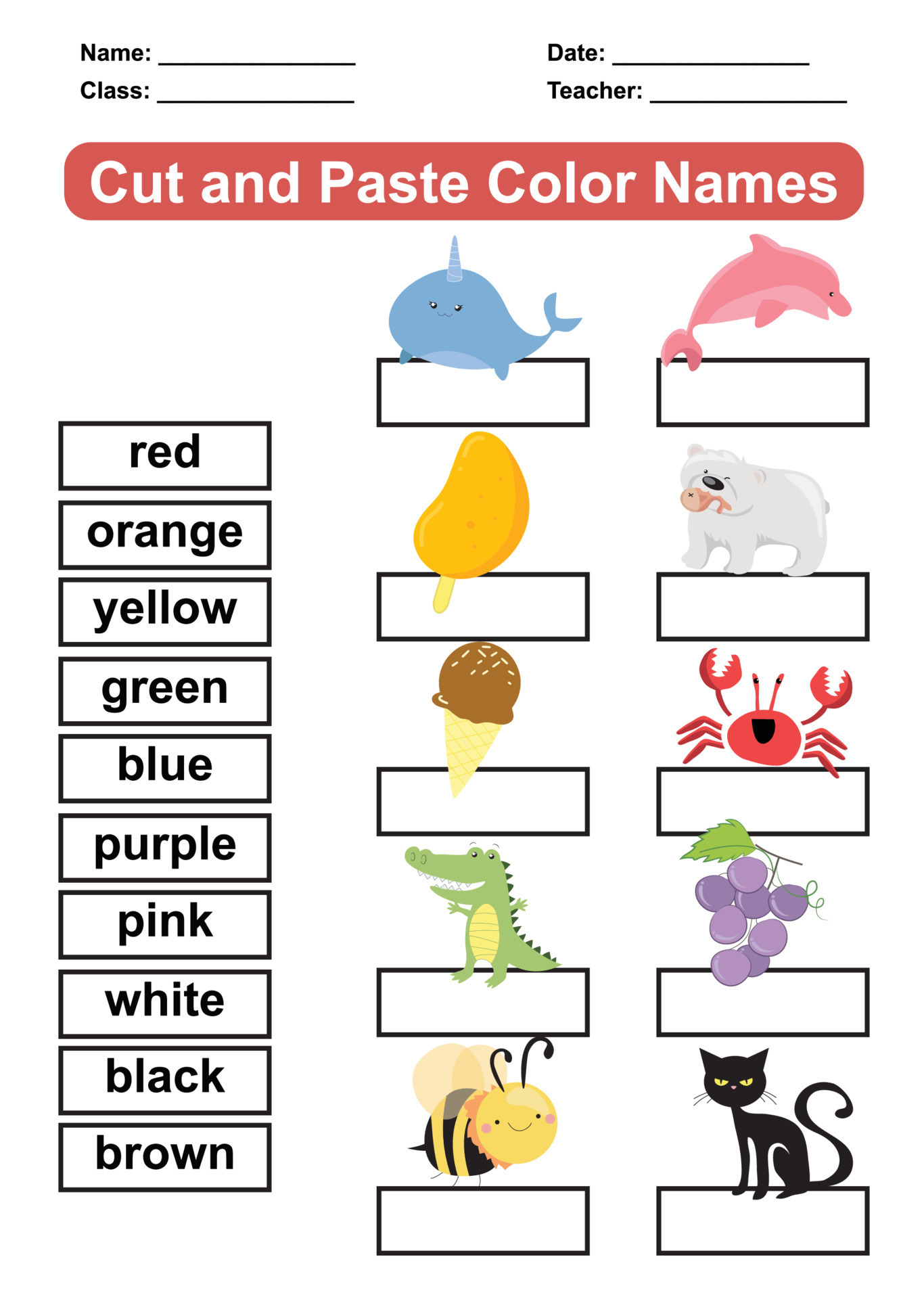 Learning about colors worksheet. Educational sheet for preschool. Cut