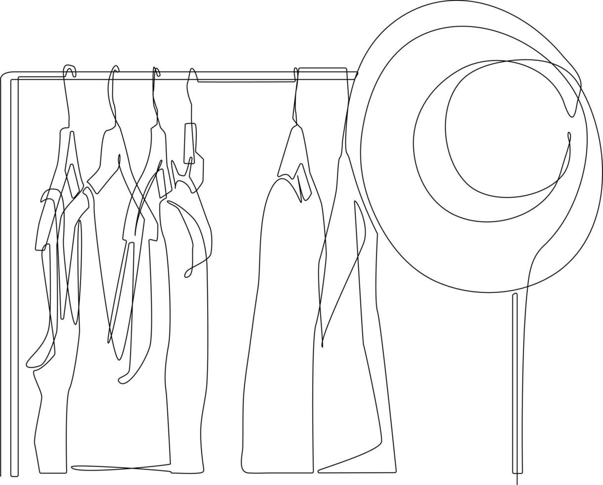 Continuous one line drawing Collection of clothes hanging on a rack with hat. Clothing concept. Single line draw design vector graphic illustration.