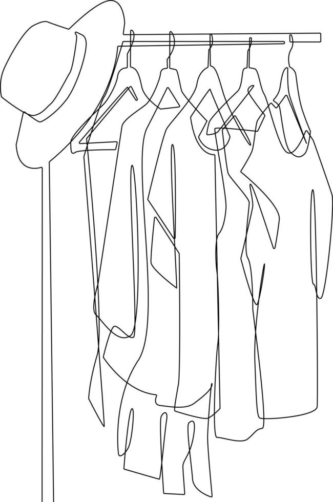 Continuous one line drawing Collection of clothes hanging on a rack with hat. Clothing concept. Single line draw design vector graphic illustration.