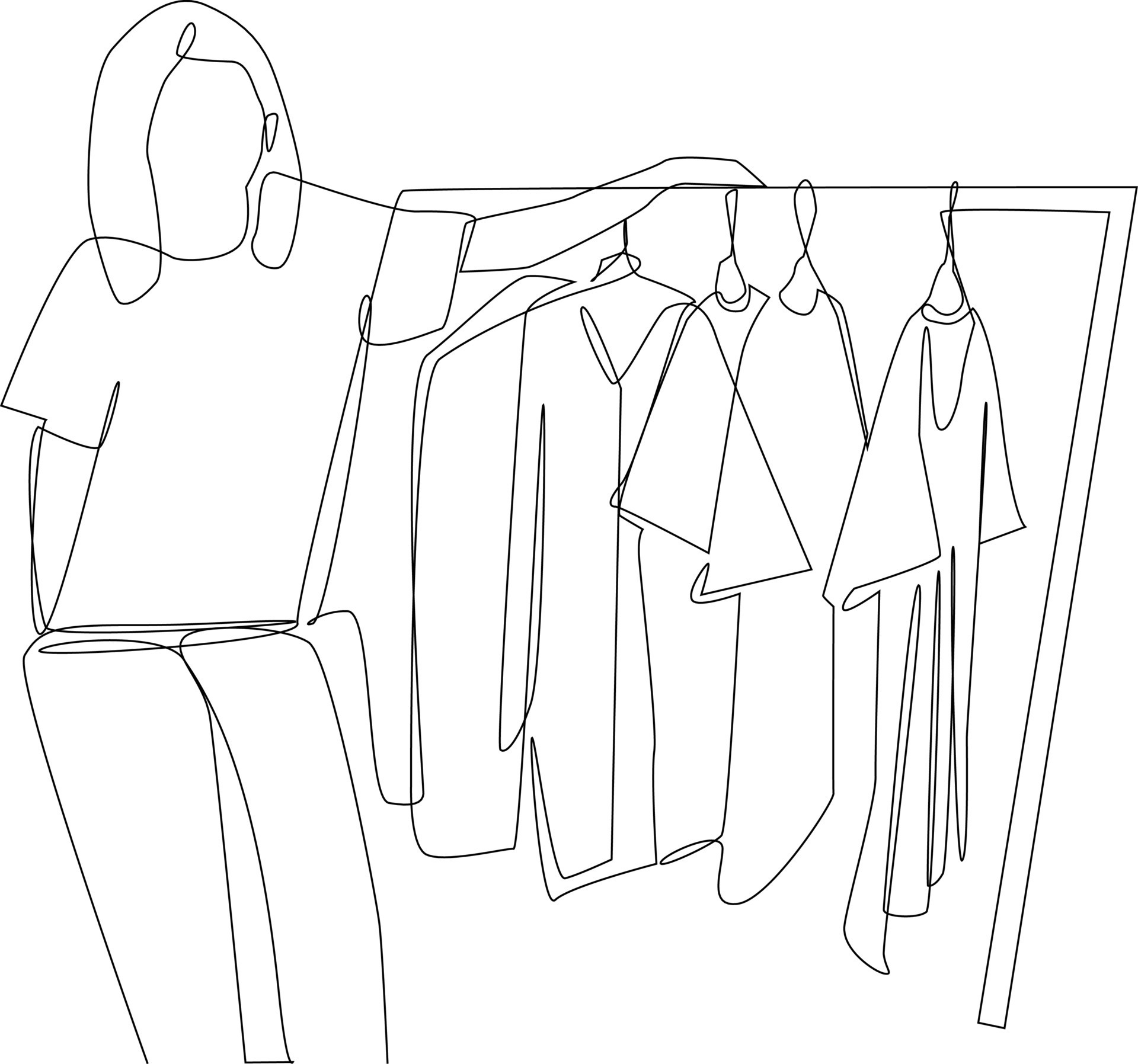 Continuous one line drawing happy salesgirl offering stylish clothes to ...