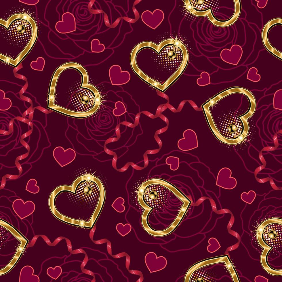 Valentines day seamless pattern with bounded hearts, spiral ribbon, streamers, halftone shapes, outline roses on background. For wedding, engagement event, Valentines Day, gift decoration vector