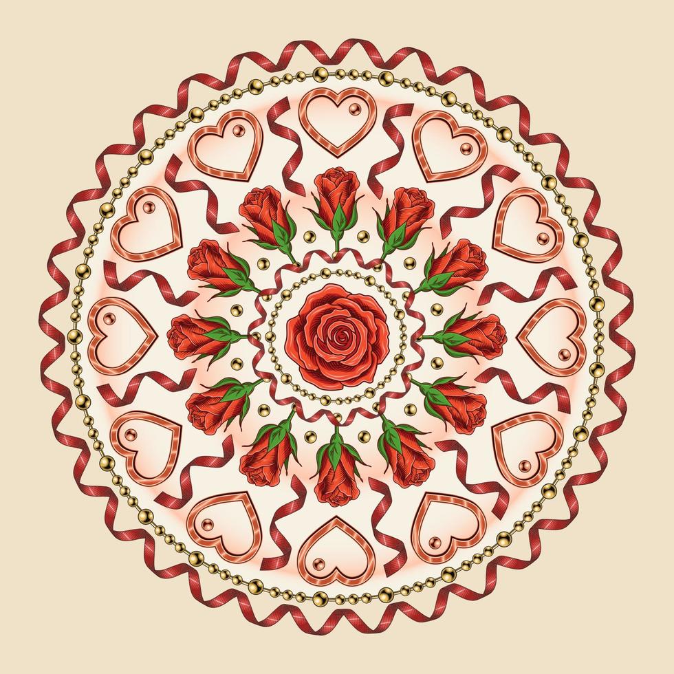 Round pattern with heart, beads, spiral ribbon, streamer, halftone shapes, rose. Vector ornament for wedding, engagement event, Valentines Day, gift decoration
