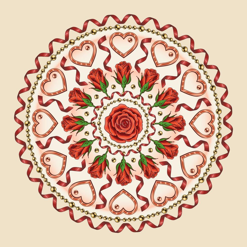 patrón redondo con corazón, cuentas, cinta espiral, serpentina, formas de medio tono, rosa. adorno vectorial para bodas, eventos de compromiso, día de San Valentín, decoración de regalos vector