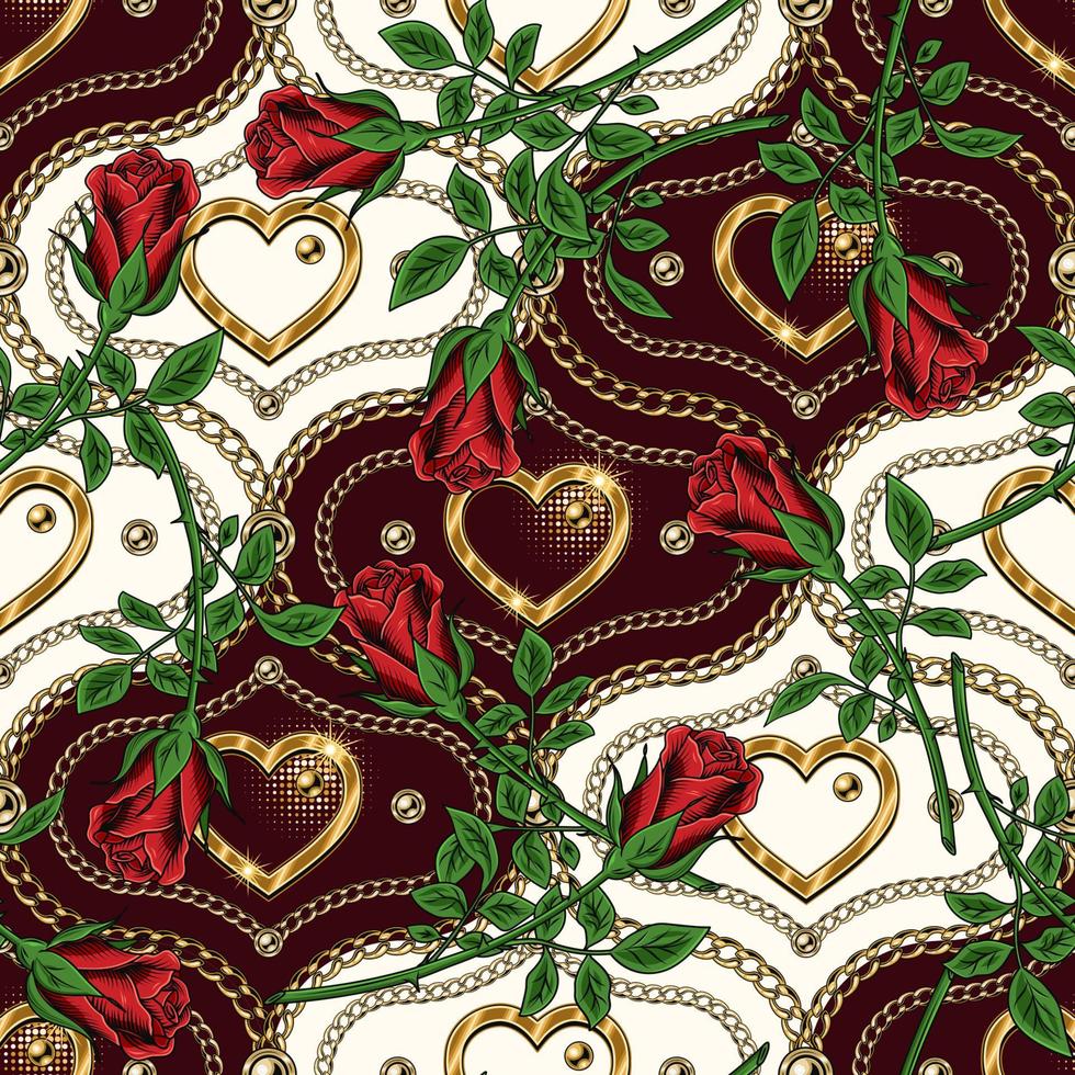 Valentines day seamless geometric background with romantic symbols, gold chains, heart, rose flowers, beads. Vector damask pattern for wedding, engagement event, Valentines Day, gift decoration.