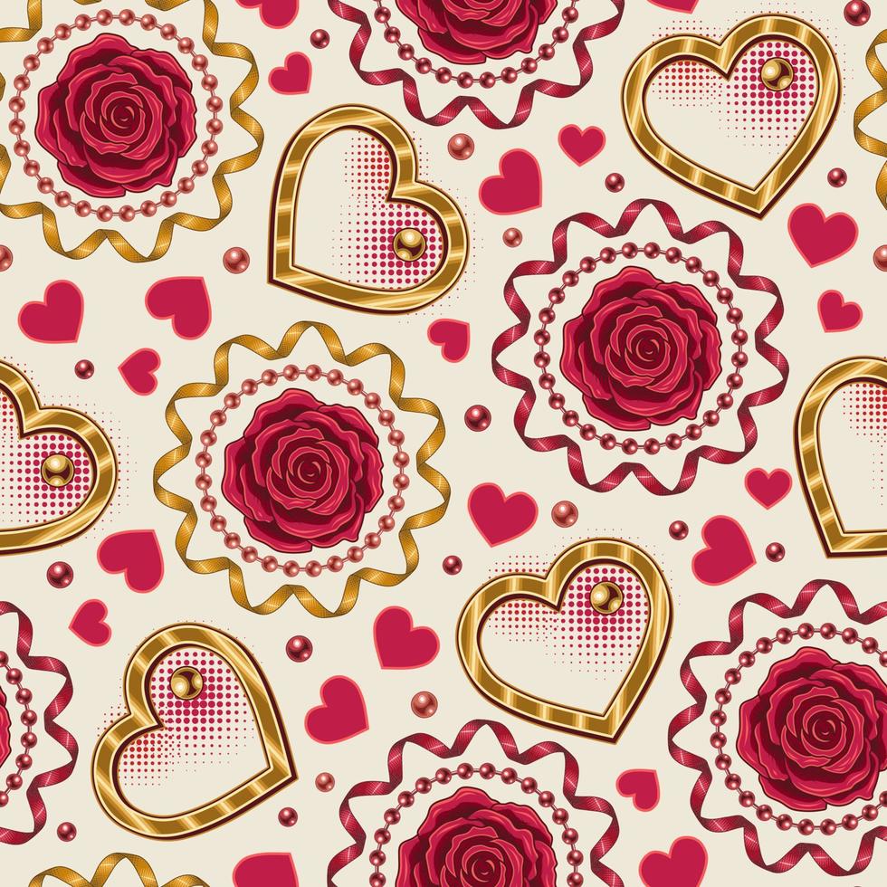 Valentines day seamless background with hearts, rose flowers, spiral ribbon, streamers, beads, halftone shapes. Vector pattern for wedding, engagement event, Valentines Day, gift decoration.