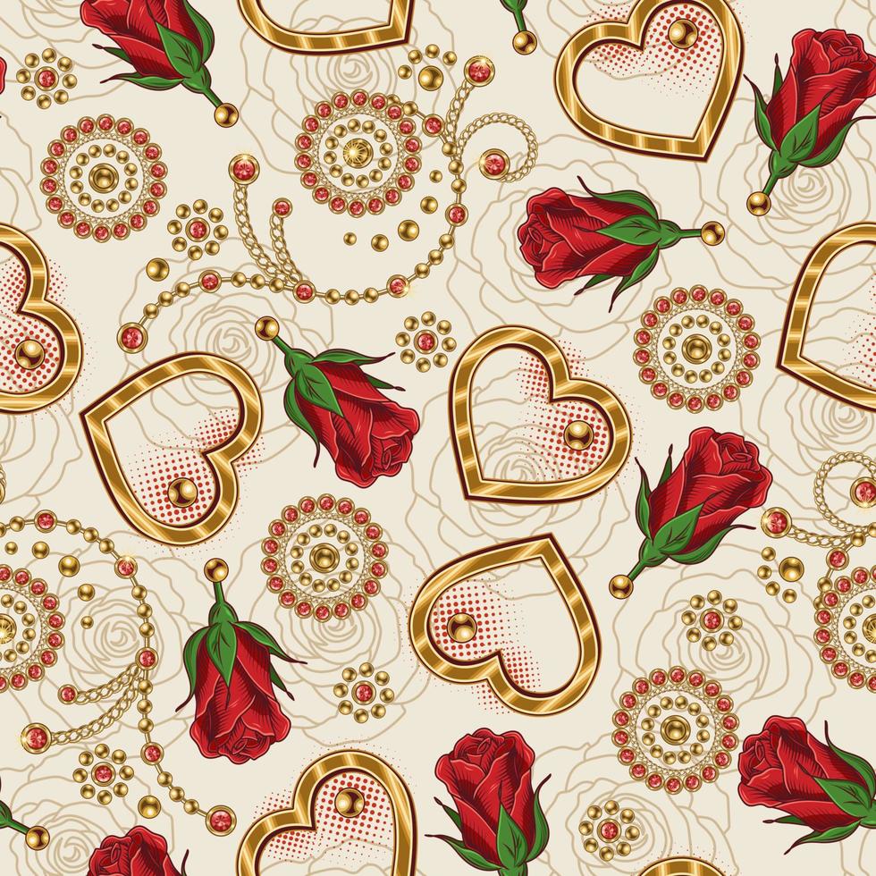 fondo transparente del día de san valentín con corazones dorados, flores de rosa, rosas de contorno, cadenas de joyería, gemas rojas. patrón de amor vectorial para bodas, eventos de compromiso, día de san valentín, decoración de regalos. vector