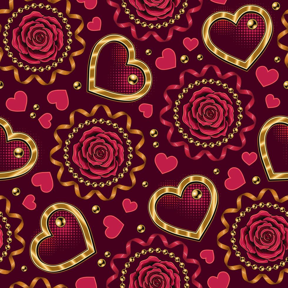 Valentines day seamless pattern with hearts, rose flowers, spiral ribbon, streamers, beads, halftone shapes. Vector pattern for wedding, engagement event, Valentines Day, gift decoration.