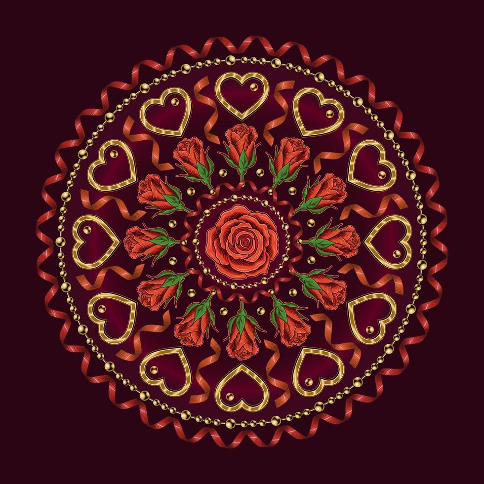 patrón redondo con corazón, cuentas, cinta espiral, serpentina, formas de medio tono, rosa. adorno vectorial para bodas, eventos de compromiso, día de San Valentín, decoración de regalos vector