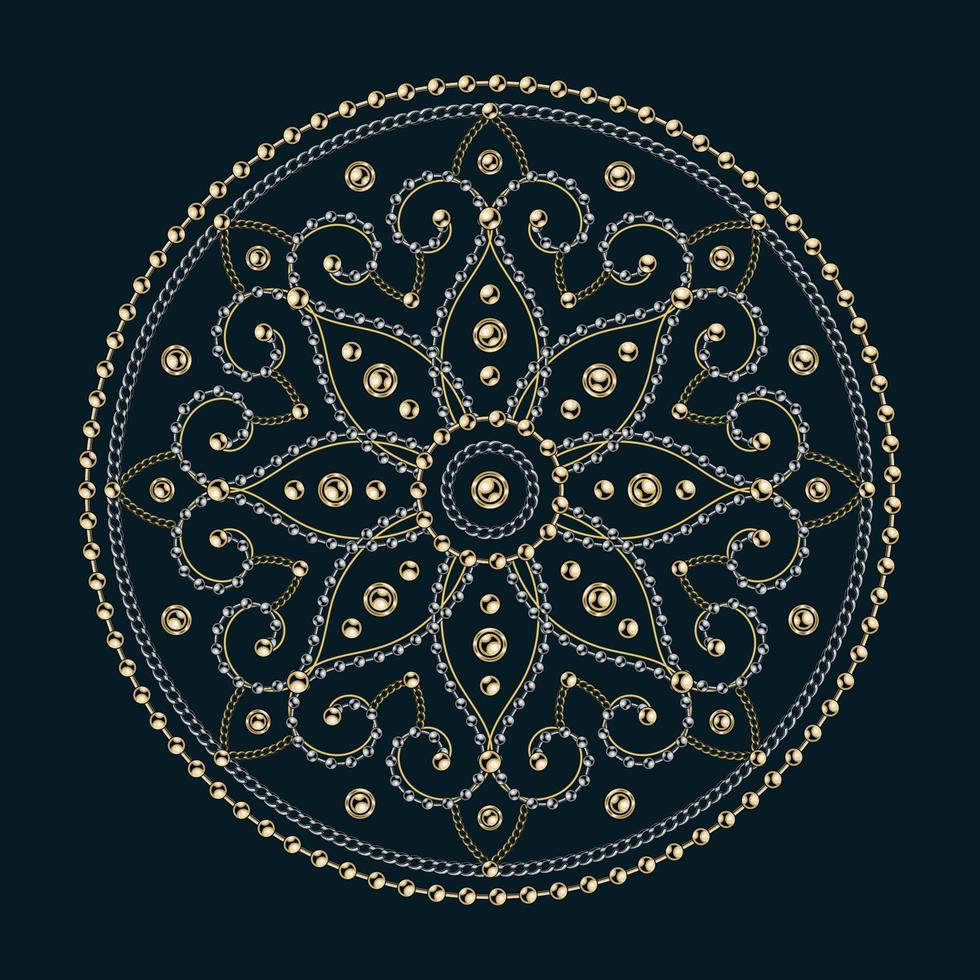 mandala de lujo con cadenas y cuentas doradas y plateadas. mandala creativo decorativo para imprimir vector